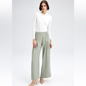 Elegant Sage Green Wide-Leg pleated trouser Pants